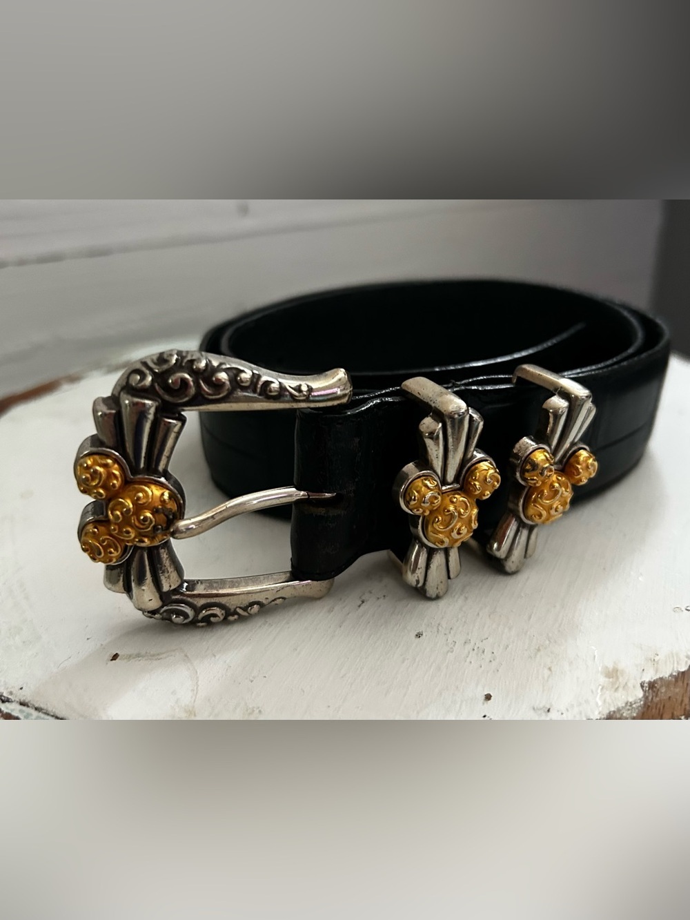 Brighton Disney collection Mickey Mouse Black Leather Belt, gold accents.